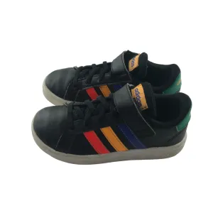 Adidas trainers shoe size 11K junior black with multicolour three stripes